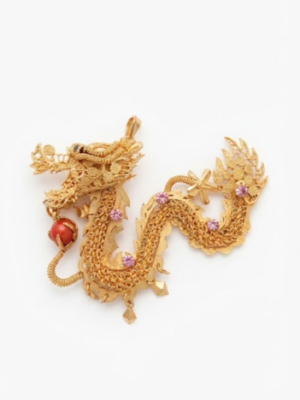 Vintage Chinese Gold-Tone Dragon Pendant Necklace with Pink Accents
